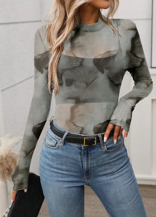 Printed Mock Neck Long Sleeve Mesh T-Shirt