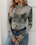 Printed Mock Neck Long Sleeve Mesh T-Shirt