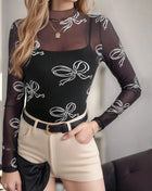 Printed Mock Neck Long Sleeve Mesh T-Shirt