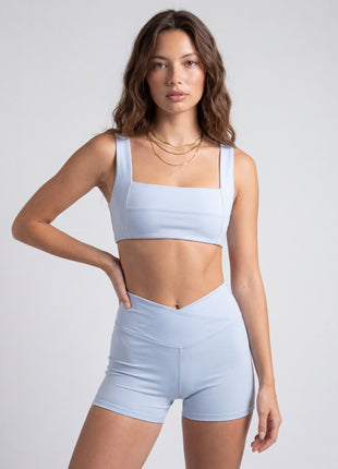 Women's Sculpting Workout Shorts 5 Inch - Baby Blue | Criss-Cross Waistband with Pocket