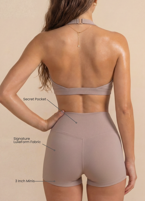 Women's Mini Sculpting Shorts 3 Inch - Taupe | Criss-Cross Waistband with Pocket