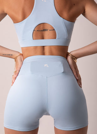 Women's Sculpting Workout Shorts 5 Inch - Baby Blue | Criss-Cross Waistband with Pocket