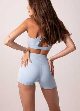 Women's Sculpting Workout Shorts 5 Inch - Baby Blue | Criss-Cross Waistband with Pocket