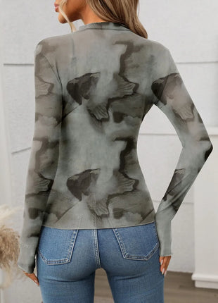 Printed Mock Neck Long Sleeve Mesh T-Shirt