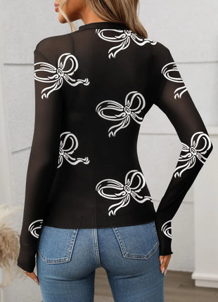 Printed Mock Neck Long Sleeve Mesh T-Shirt