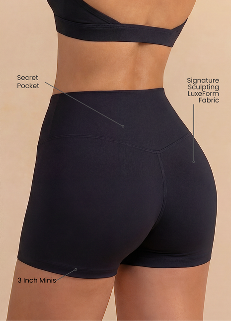 Women's Mini Sculpting Shorts 3 Inch - Black | Criss-Cross Waistband with Pocket
