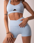 Women's Sculpting Workout Shorts 5 Inch - Baby Blue | Criss-Cross Waistband with Pocket