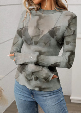 Printed Mock Neck Long Sleeve Mesh T-Shirt