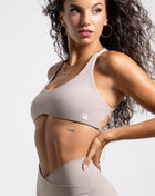 Women's Strappy Open-Back Sports Bra - Taupe | Scoop Neckline Medium Support