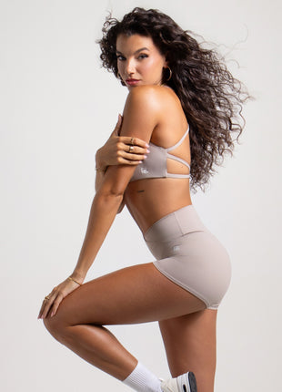 Women's Strappy Open-Back Sports Bra - Taupe | Scoop Neckline Medium Support