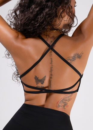 Women's Strappy Open-Back Sports Bra - Black | Scoop Neckline Medium Support