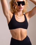 Women's Strappy Open-Back Sports Bra - Black | Scoop Neckline Medium Support