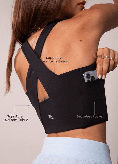 Women's Workout Tank Top with Phone Pockets - Black | LuxeForm Criss-Cross Back
